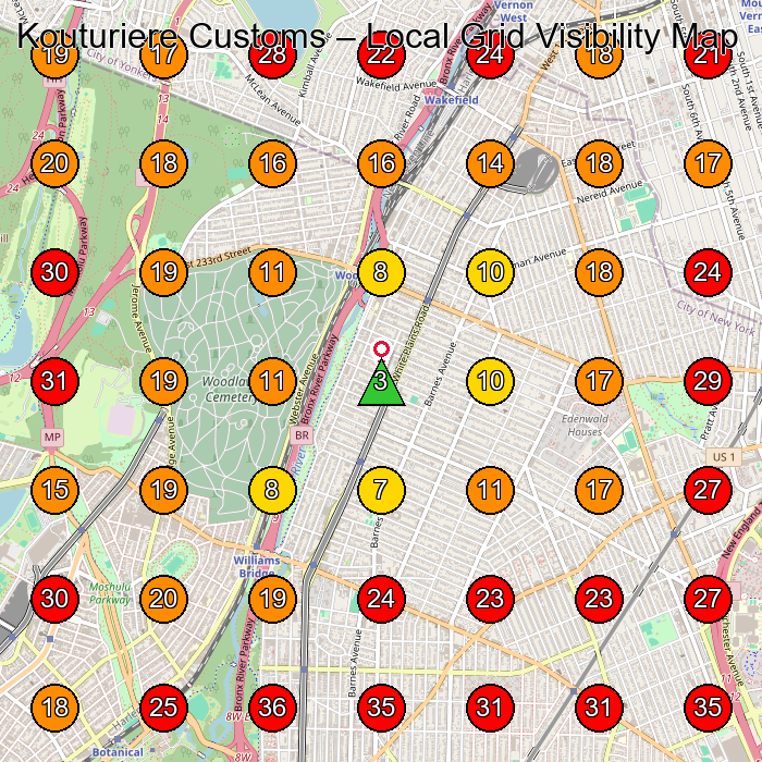 Kouturiere Customs GeoGrid visibility map for Clothing Store in Bronx